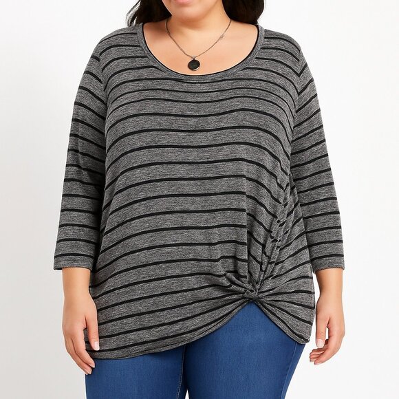 Emerald Tops - Emerald Womens 1X Gray Black Striped Knot Hem Top Long Sleeve Plus Size